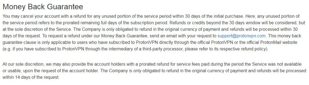 refund policy of protonvpn