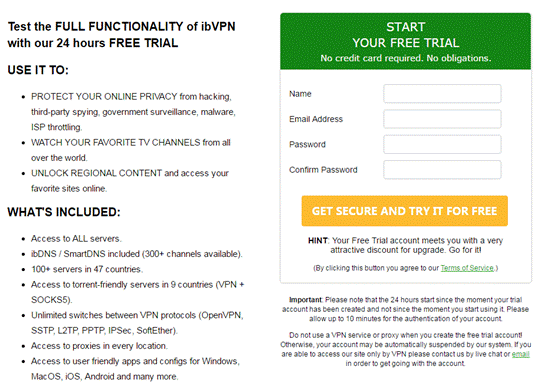 sign up in ibVPN for 24 hours try